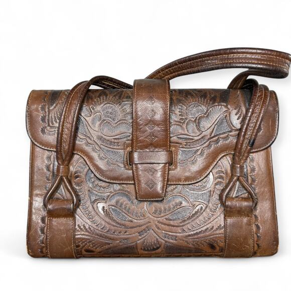 Vintage Tooled Leather‎ Satchel Purse Flores Bags Brown Boho Western Mexico - Picture 2 of 13